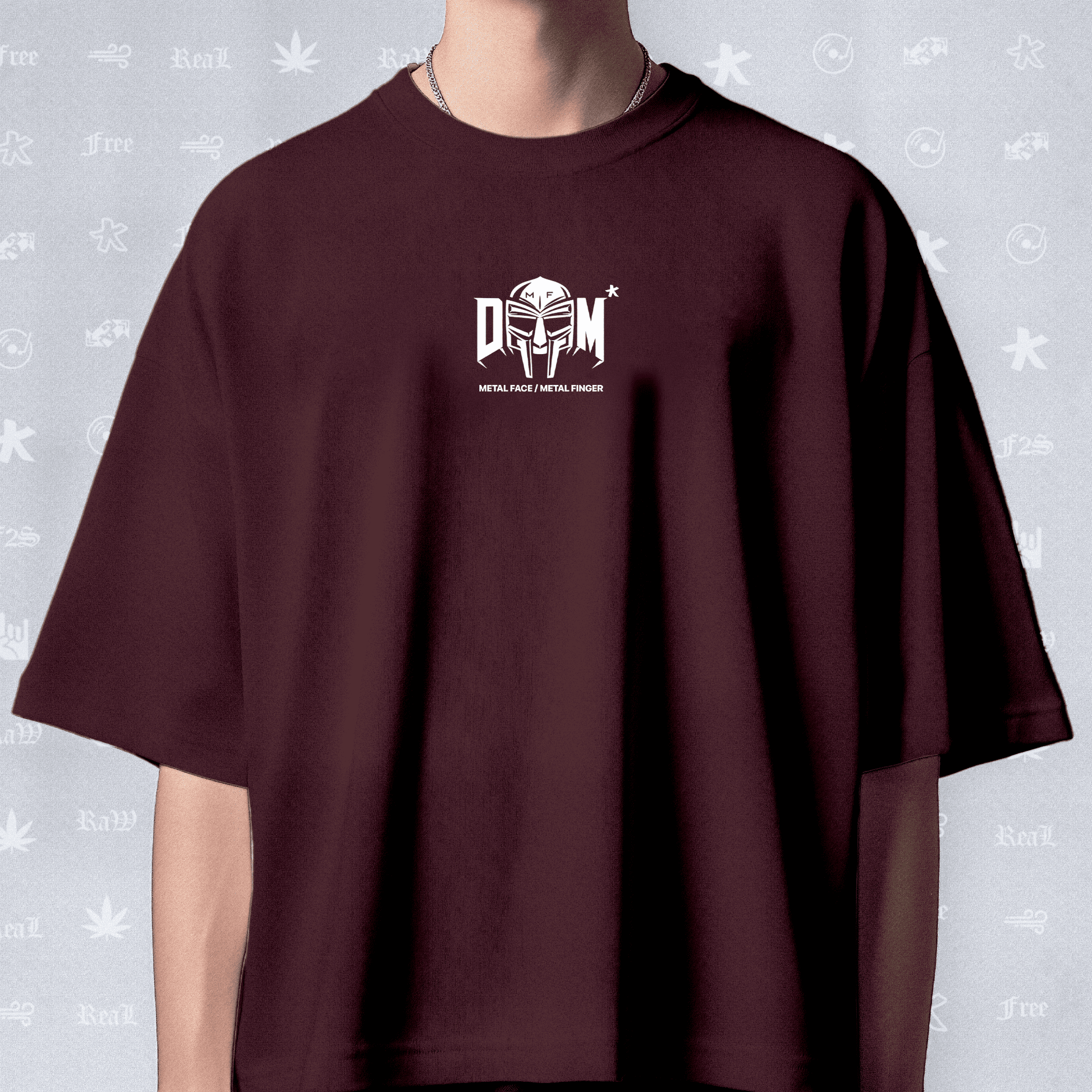 MF DOOM METAL FACE/FINGER Unisex Maroon  Oversized T-Shirt.