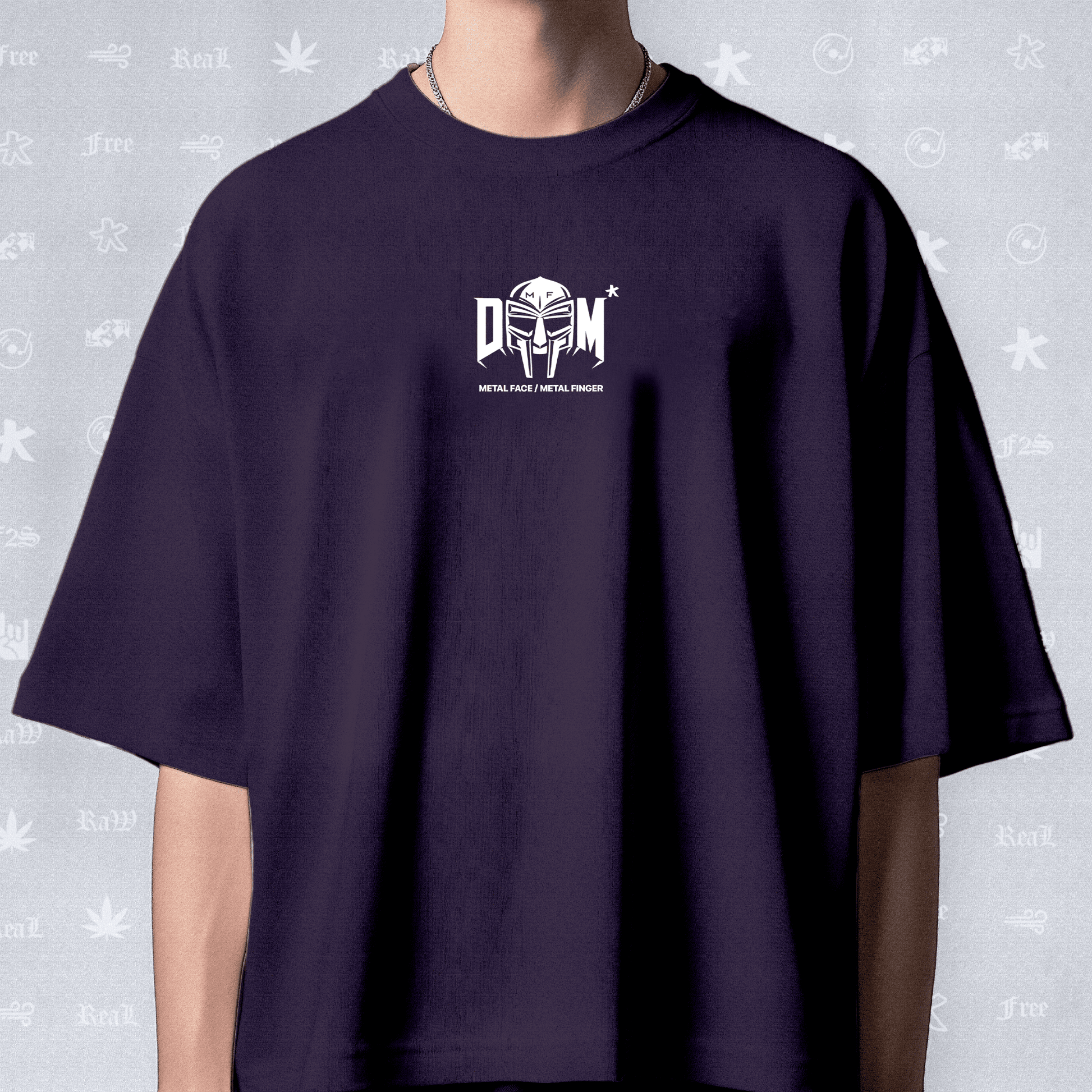 MF DOOM METAL FACE/FINGER Unisex Purple Oversized T-Shirt.