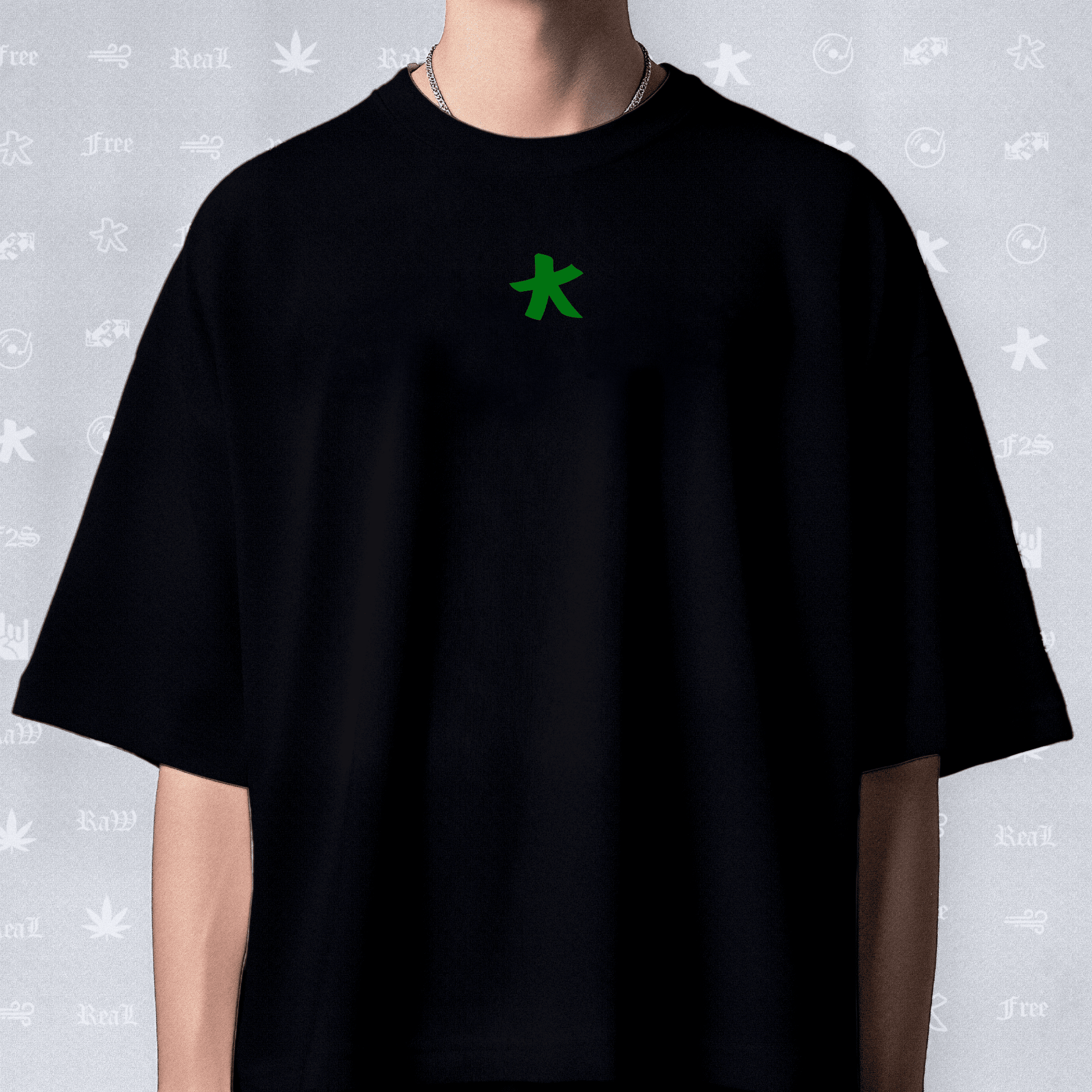F2S Original Double Green Logo Black Unisex Oversized T-Shirt.