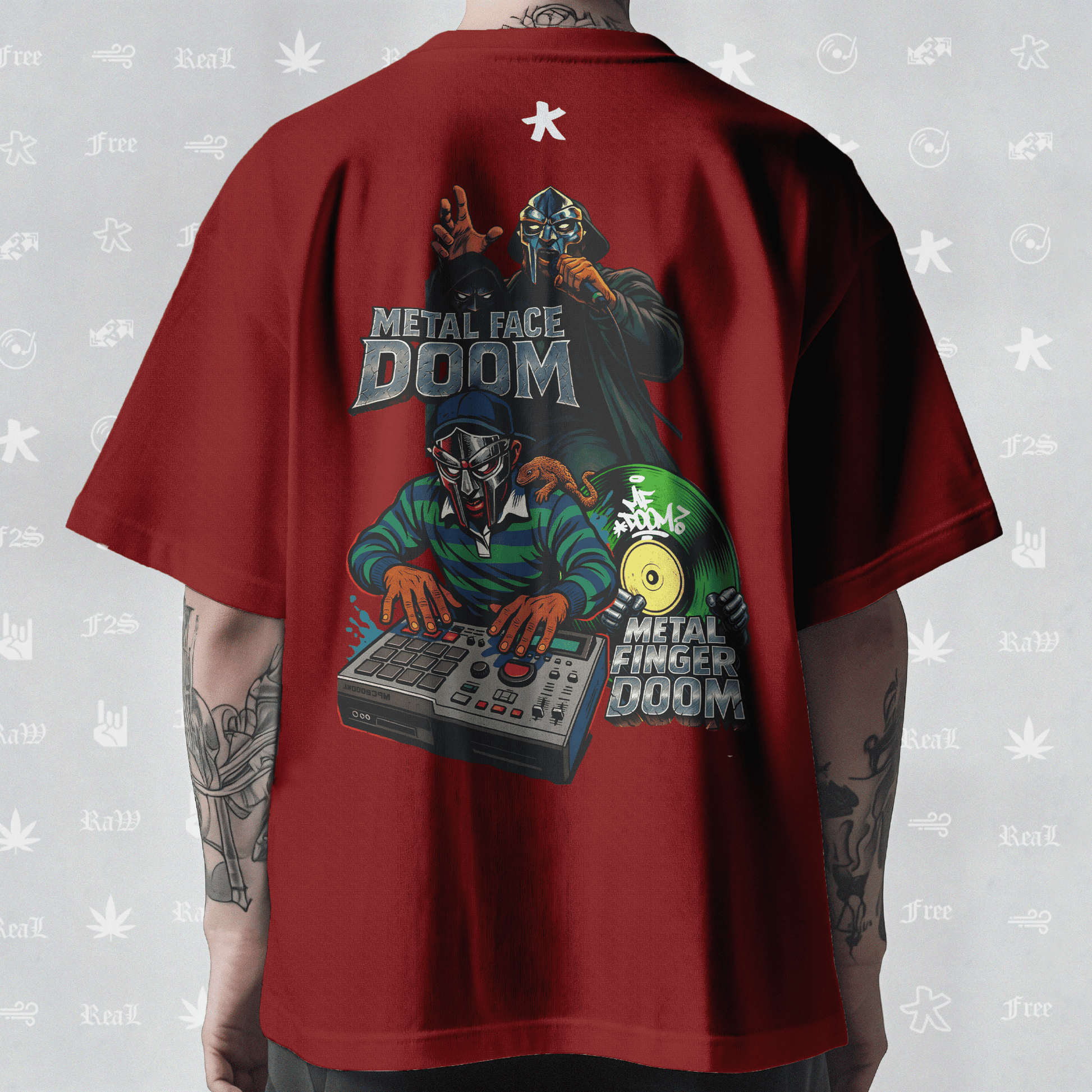 MF DOOM METAL FACE/FINGER Unisex Red Oversized T-Shirt.