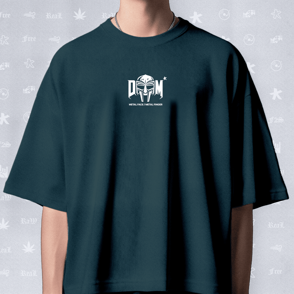 MF DOOM METAL FACE/FINGER Unisex Petrol Blue Oversized T-Shirt.