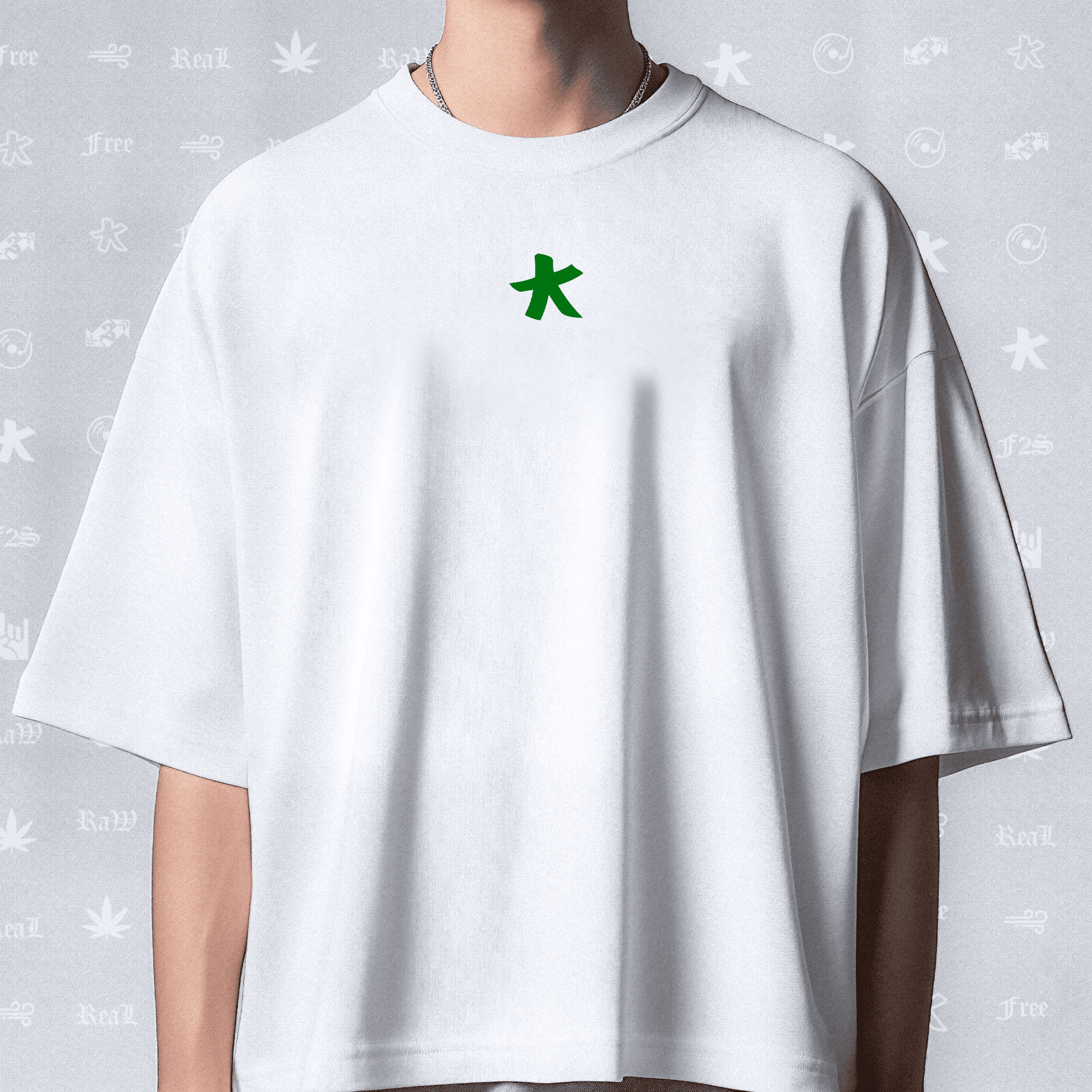F2S Original Double Green Logo White Unisex Oversized T-Shirt.