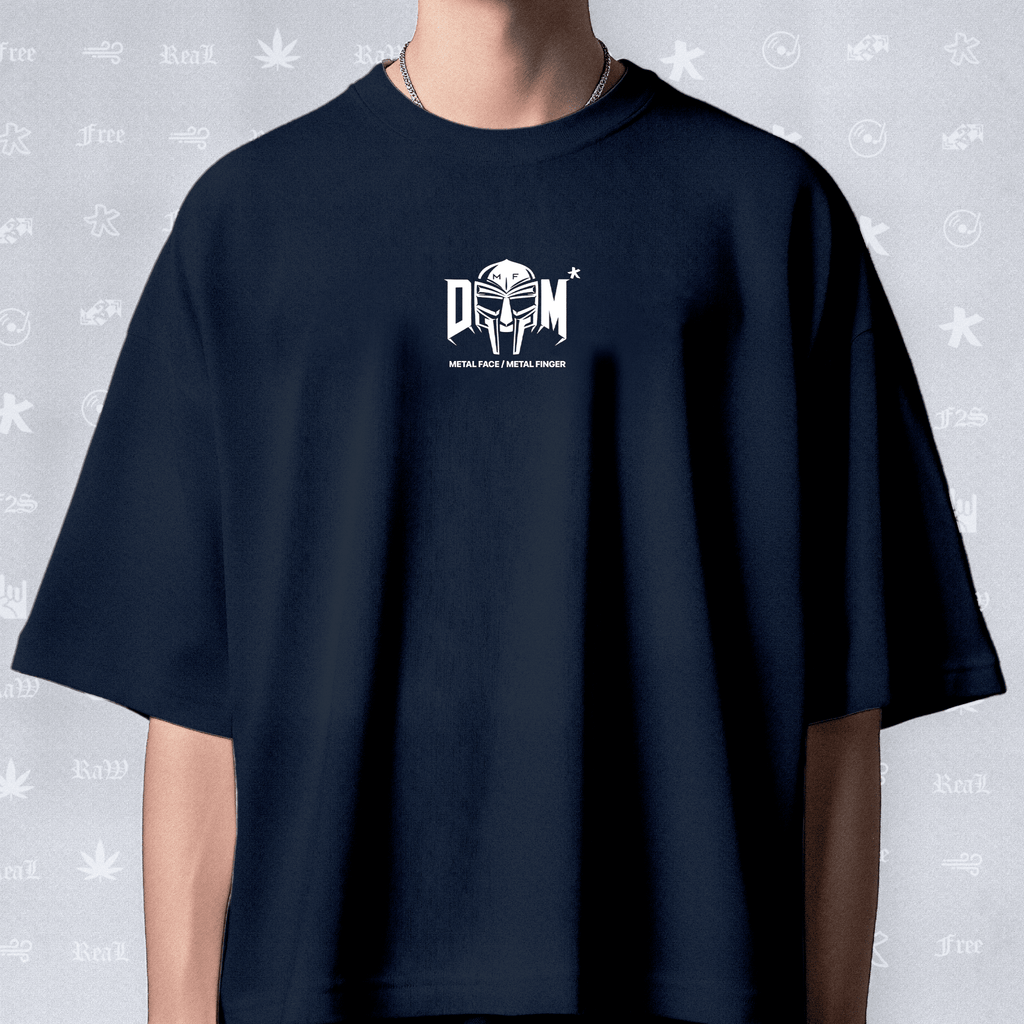 MF DOOM METAL FACE/FINGER Unisex Navy Blue Oversized T-Shirt.