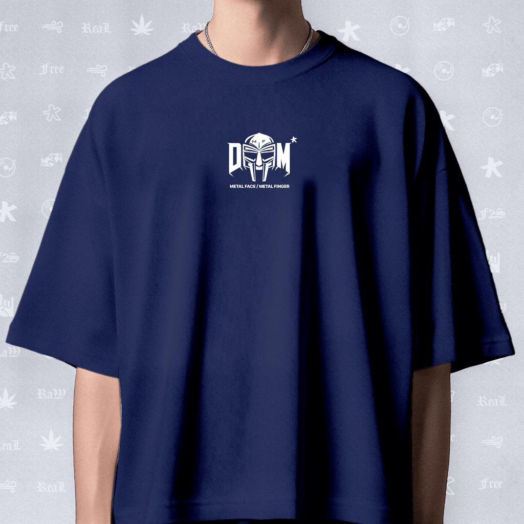 MF DOOM METAL FACE/FINGER Unisex Royal Blue Oversized T-Shirt.