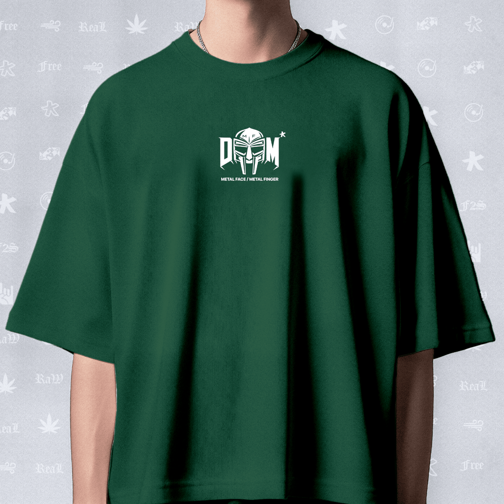MF DOOM METAL FACE/FINGER Unisex Bottle Green Oversized T-Shirt.