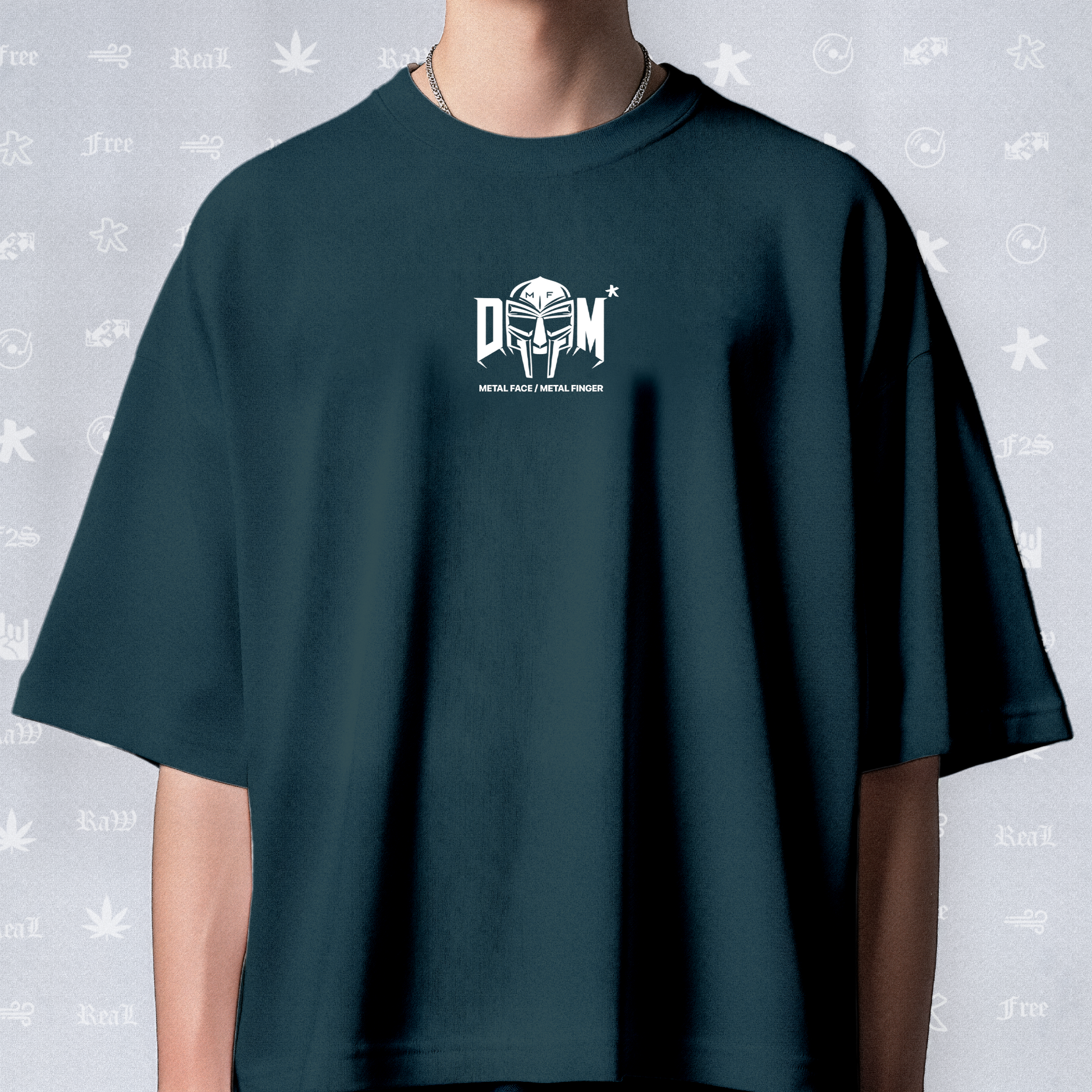 MF DOOM METAL FACE/FINGER Unisex Petrol Blue Tee