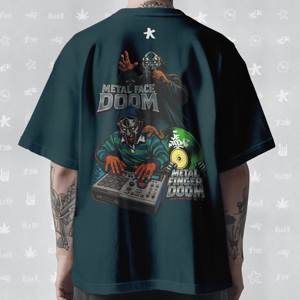MF DOOM METAL FACE/FINGER Unisex Petrol Blue Oversized T-Shirt.