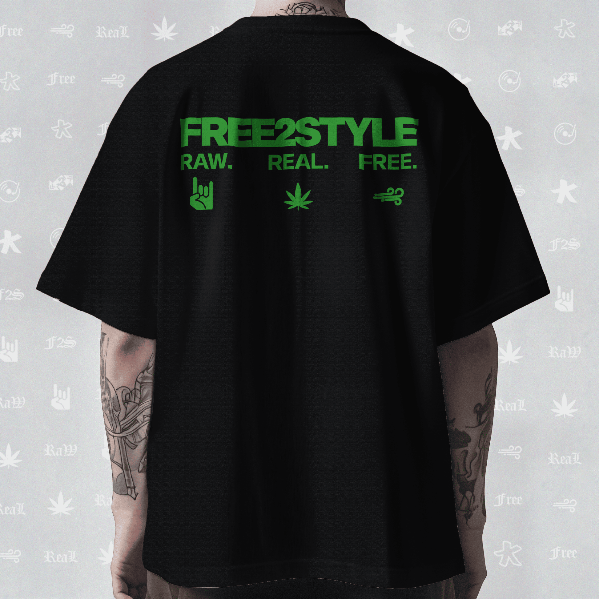 F2S Original Double Green Logo Black Unisex Oversized T-Shirt.