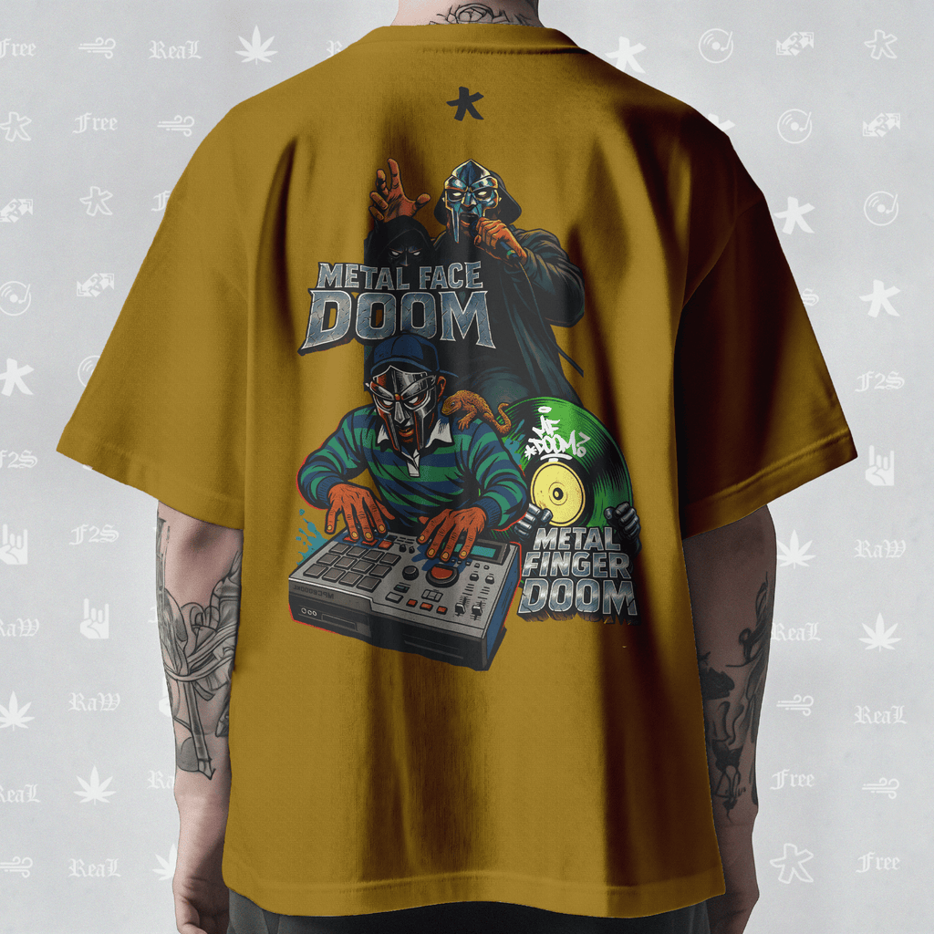 MF DOOM METAL FACE/FINGER Unisex Mustard Oversized T-Shirt.