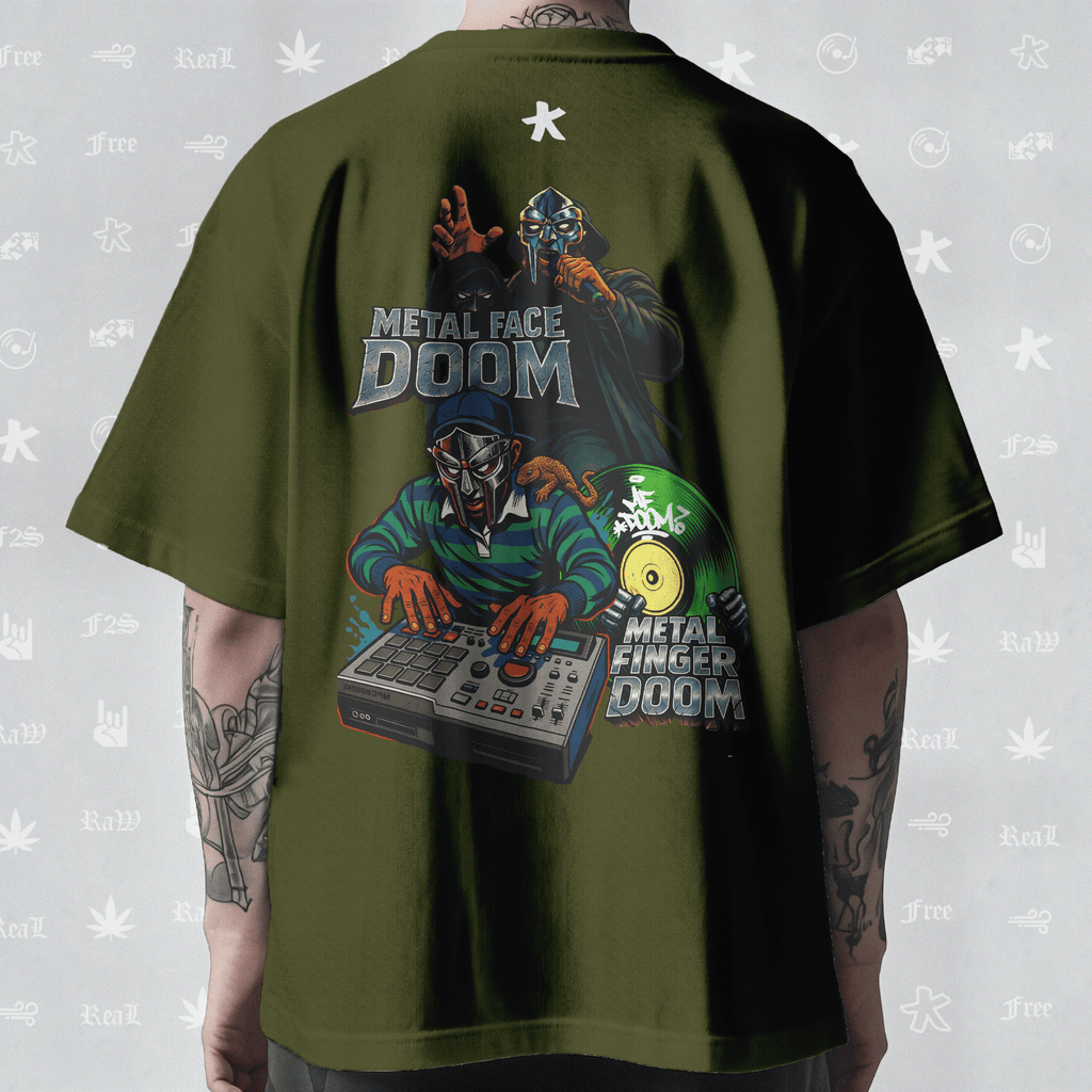 MF DOOM METAL FACE/FINGER Unisex Olive Green Oversized T-Shirt.