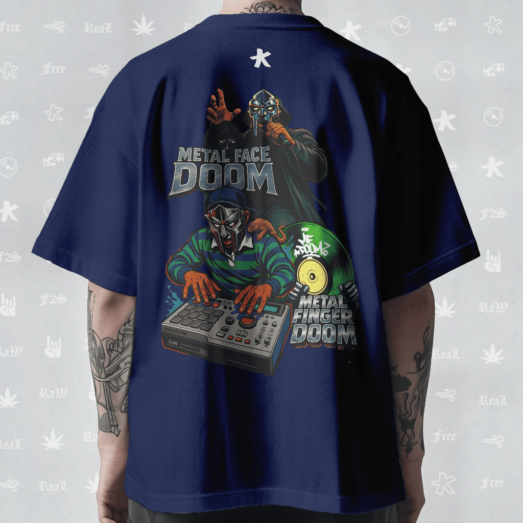 MF DOOM METAL FACE/FINGER Unisex Royal Blue Oversized T-Shirt.
