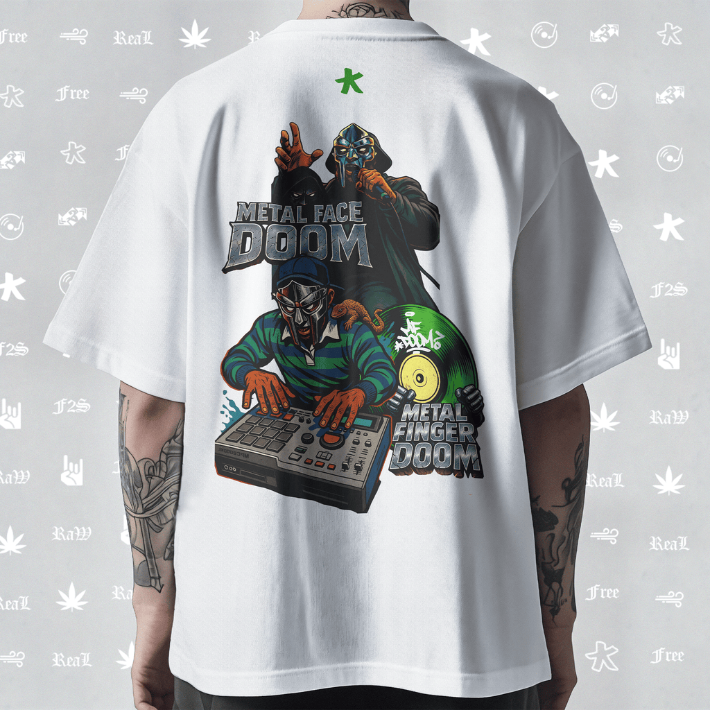 MF DOOM METAL FACE/FINGER Unisex White Oversized T-Shirt.
