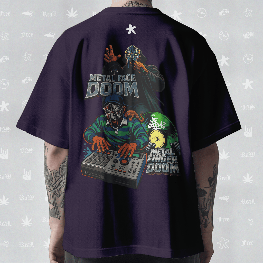 MF DOOM METAL FACE/FINGER Unisex Purple Oversized T-Shirt.