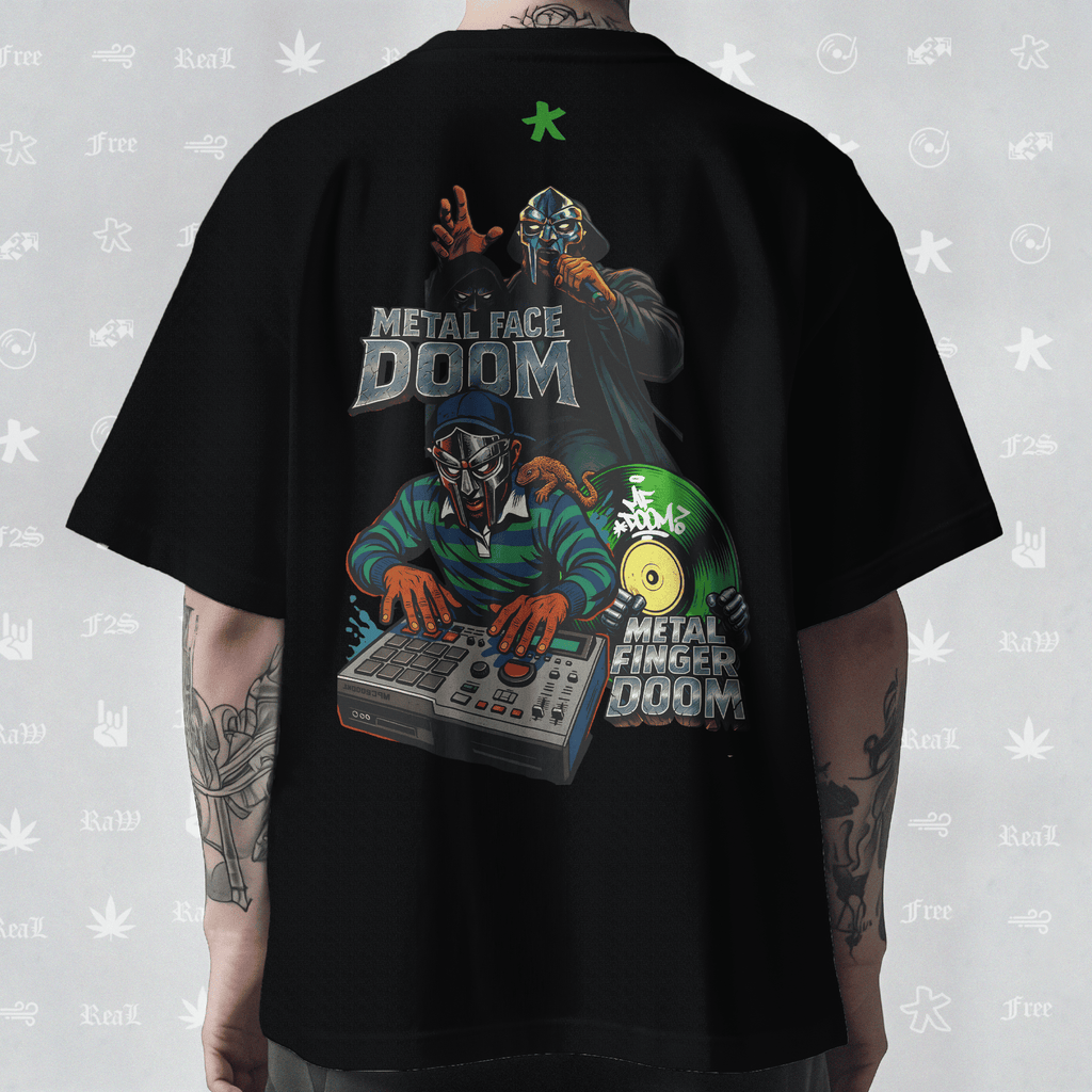 MF DOOM METAL FACE/FINGER Unisex Black Oversized T-Shirt.