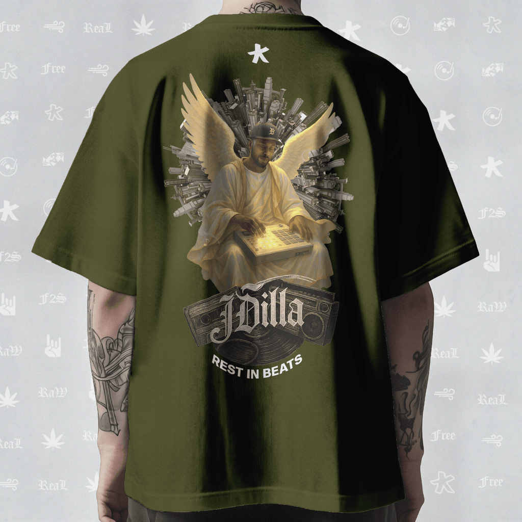 J Dilla Rest In Beats Unisex Olive Green Oversized T-Shirt.