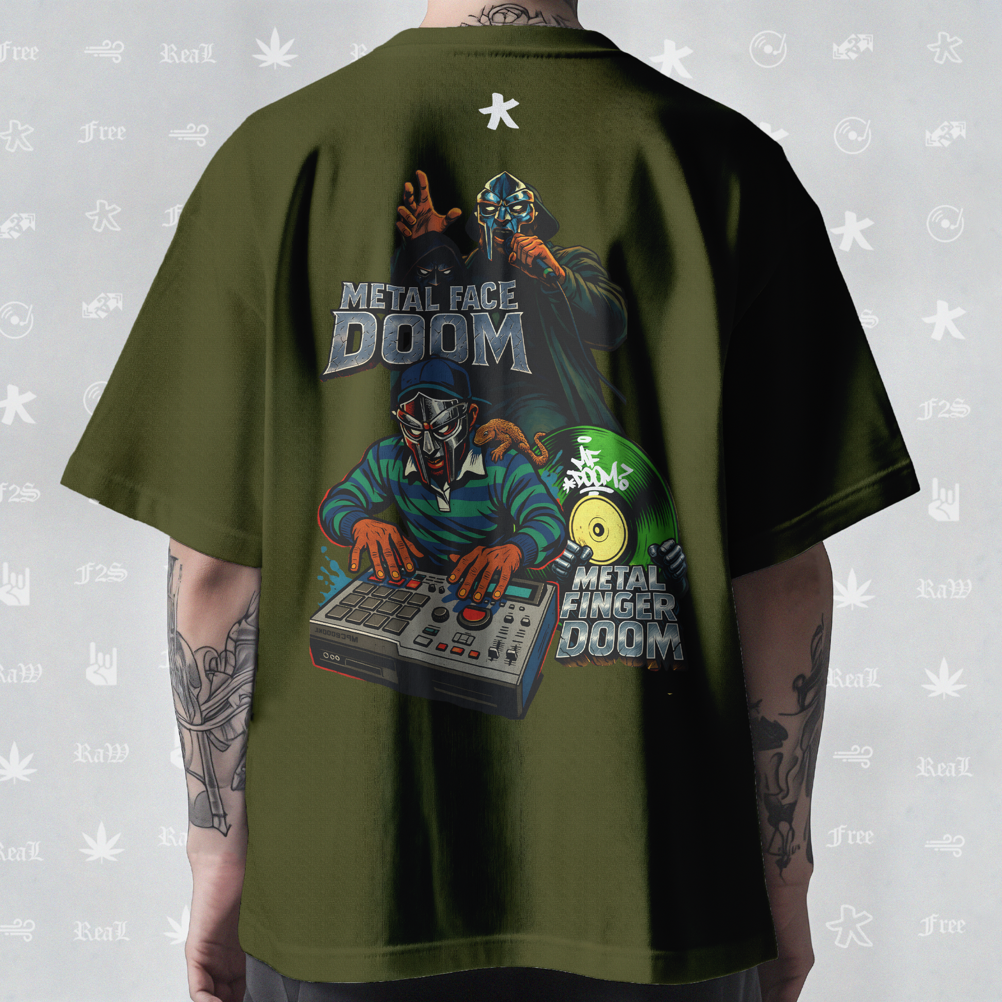 MF DOOM METAL FACE/FINGER Unisex Olive Green Tee