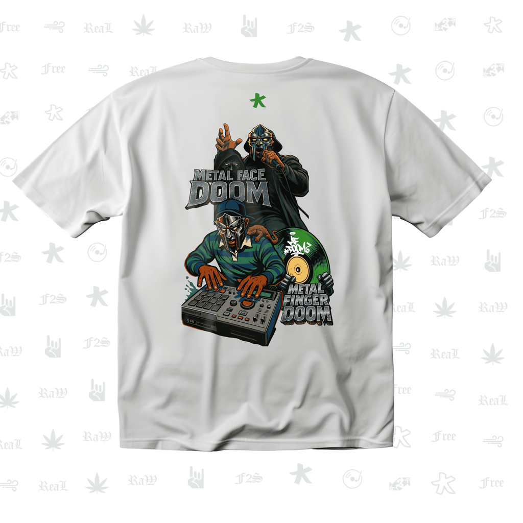 MF DOOM METAL FACE/FINGER Unisex White Oversized T-Shirt.