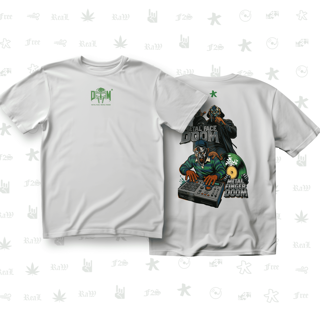 MF DOOM METAL FACE/FINGER Unisex White Oversized T-Shirt.