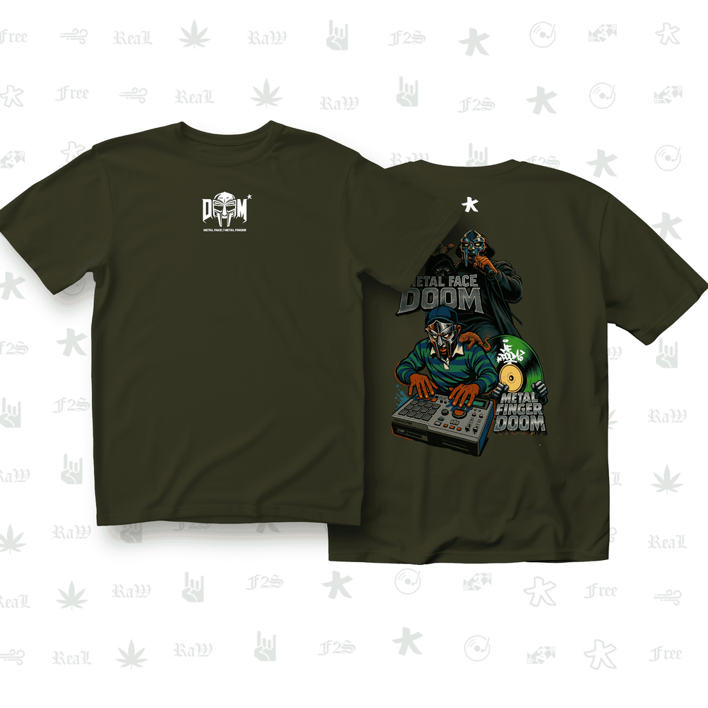 MF DOOM METAL FACE/FINGER Unisex Olive Green Oversized T-Shirt.